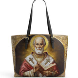 Catholight Saint Nicholas The Patron of Generosity Leather Tote Bag