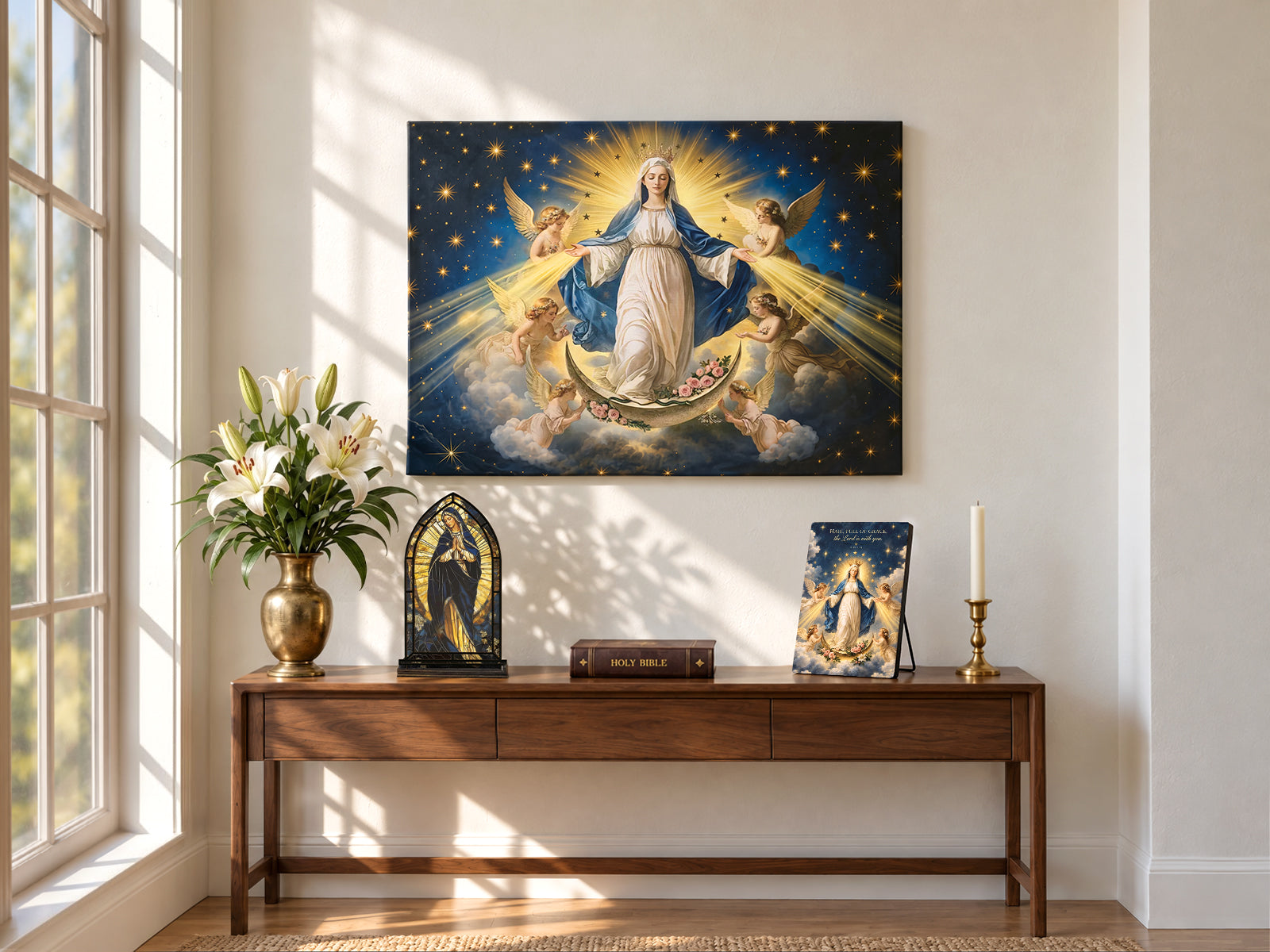 A prayer corner with a canvas of the Queen of Heaven, a candle holder and a wooden devotional plaque on a walnut table
